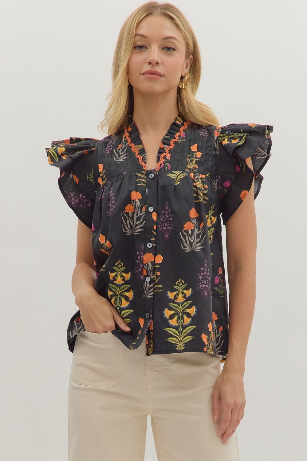 Botanical Print Flutter Sleeve Top