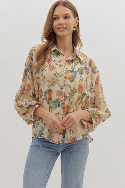 Floral Print Button-Down Top - Ecru Multi