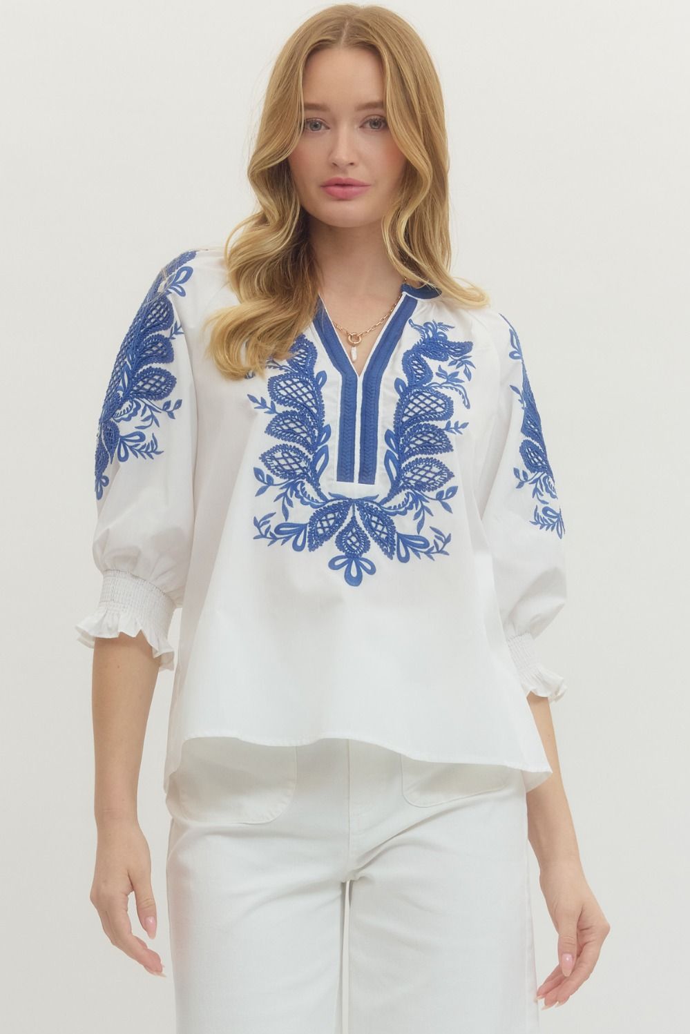 Embroidered Contrast Top - Off-White/Blue