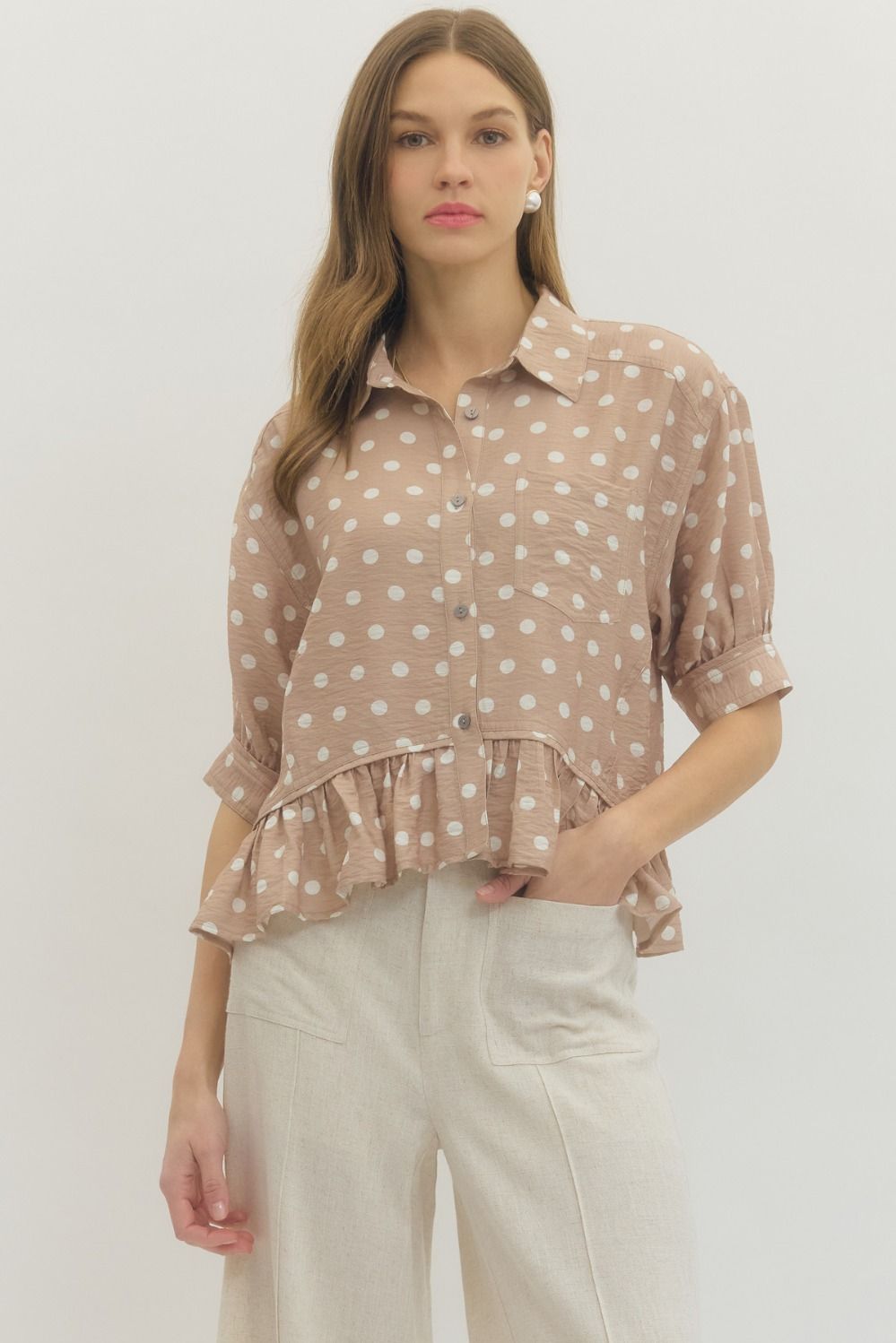 Polka Dot Ruffle Hem Blouse - Sand