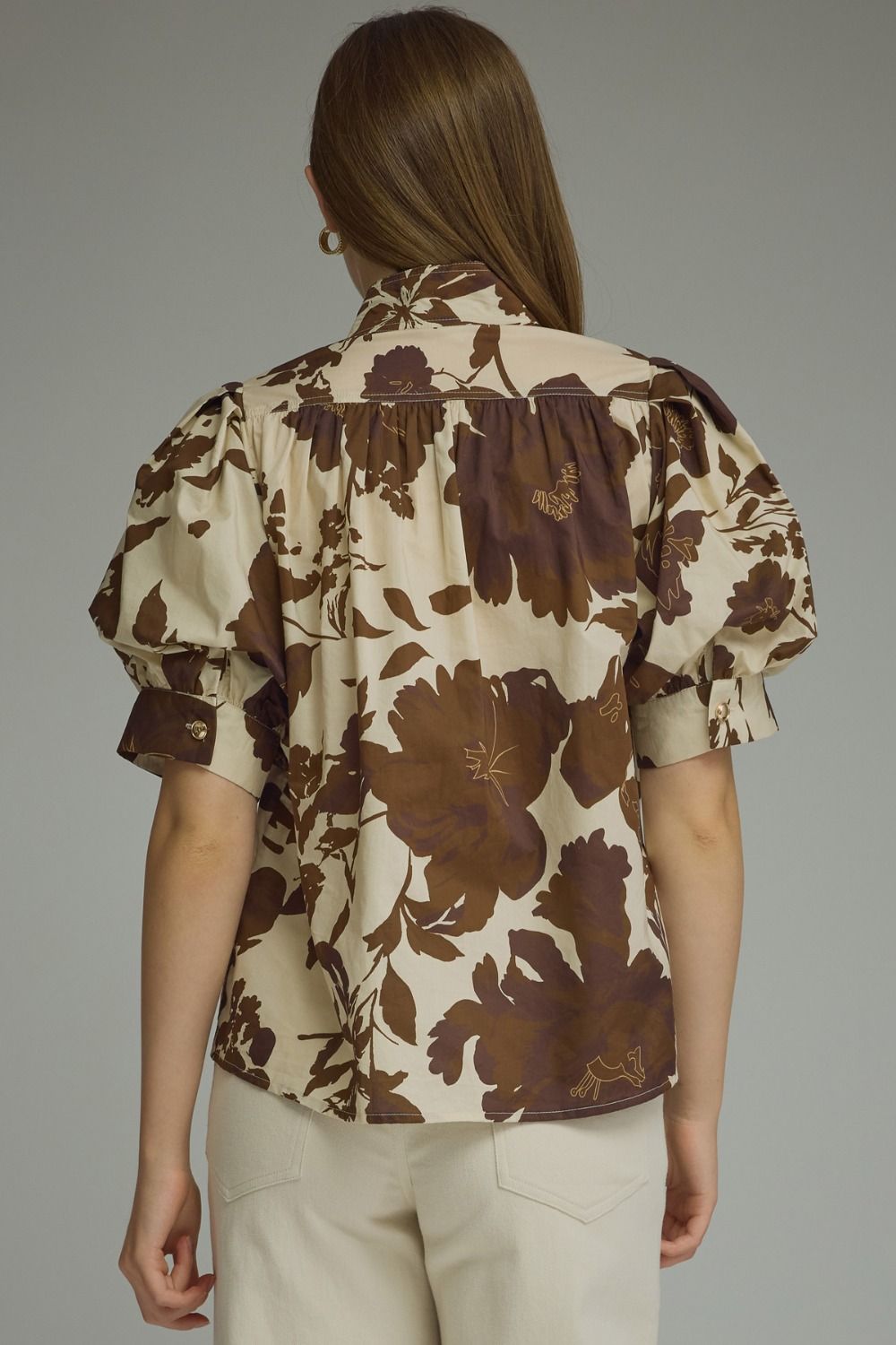 Floral Print Short Puff Sleeve Top - Brown