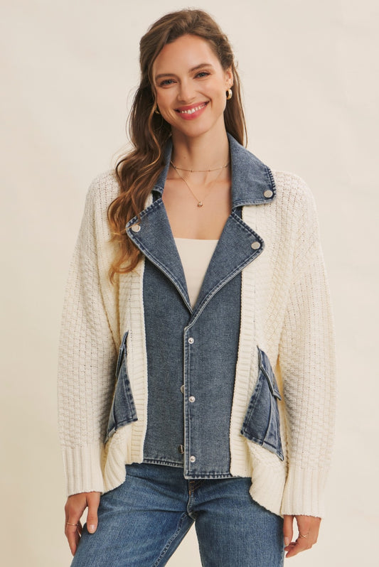 Washed Denim And Sweater Mixed Oversized Cardigan - Ivory