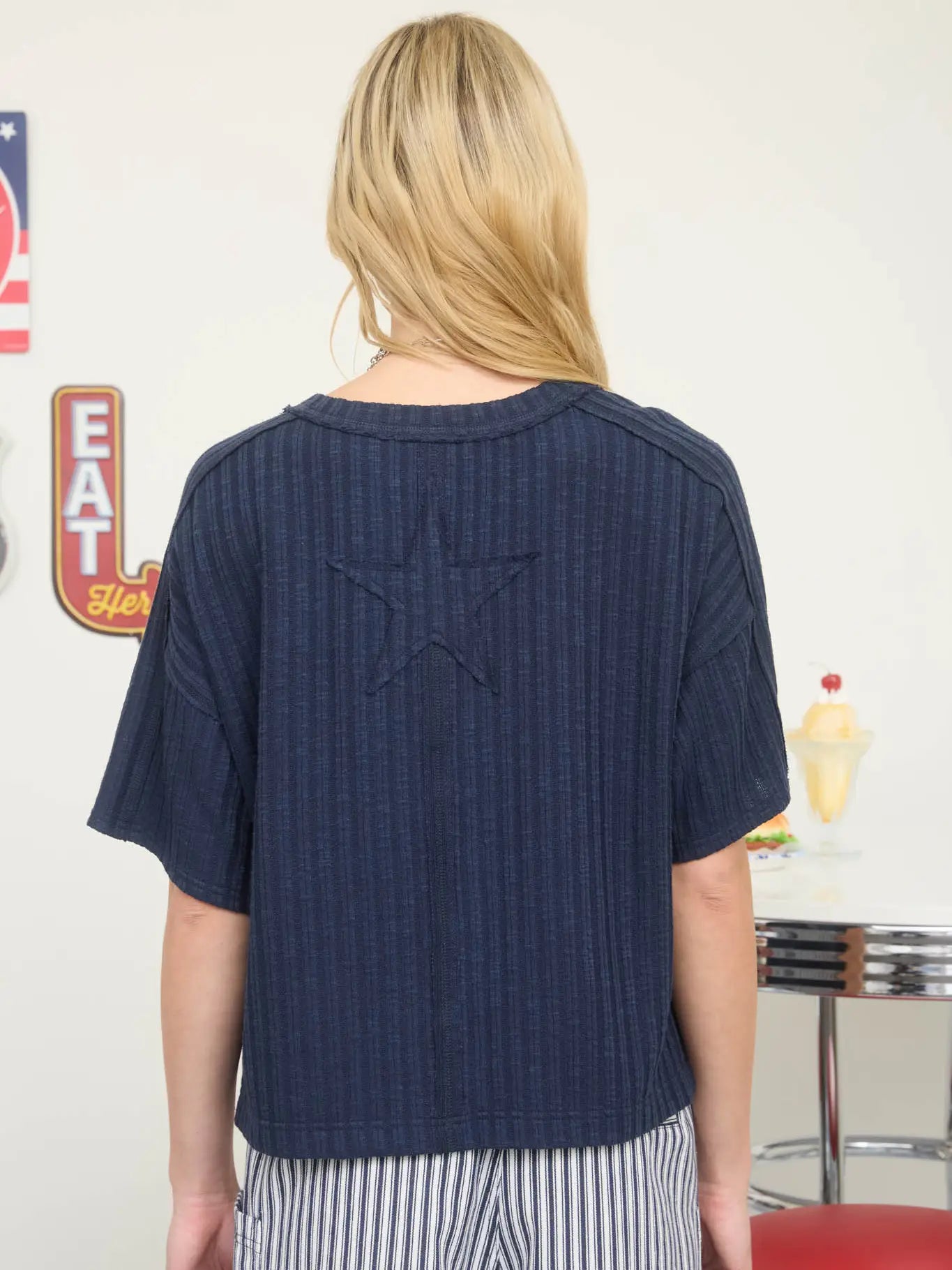 Ribbed Short Sleeve Knit Top - Navy