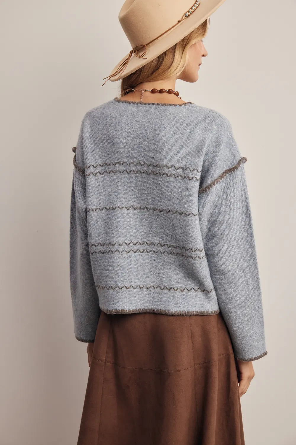 Contrast Stitch V Neck Sweater - Slate Blue