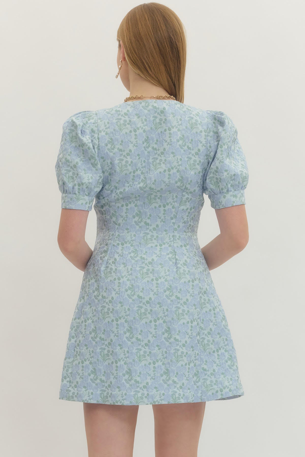 Floral Print Front Zipper Mini Dress - Light Blue