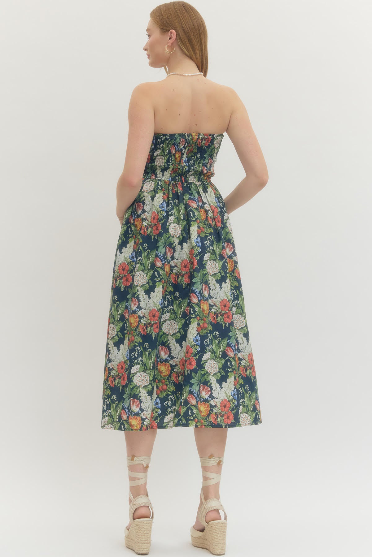 Strapless Pleated Floral Midi Dress - Navy