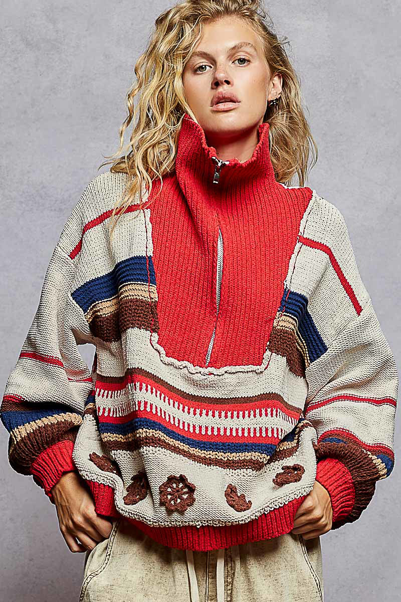 Half Zip Chenille Sweater - Sand/Red Multi