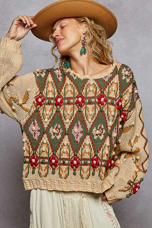 3D Detail Balloon Sleeve Sweater - Mocha Mousse