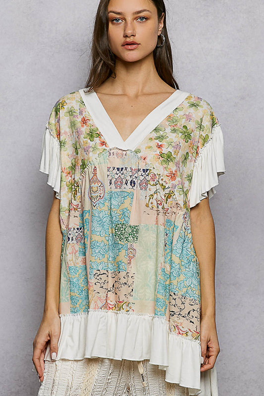 V-neck Short Sleeve Flowy Top/Dress - Off-White