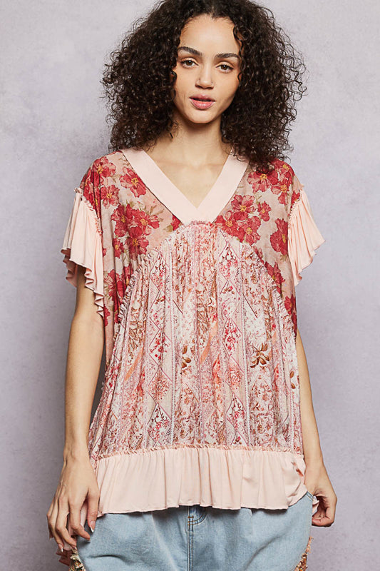V-neck Short Sleeve Flowy Top/Dress - Peach Blush