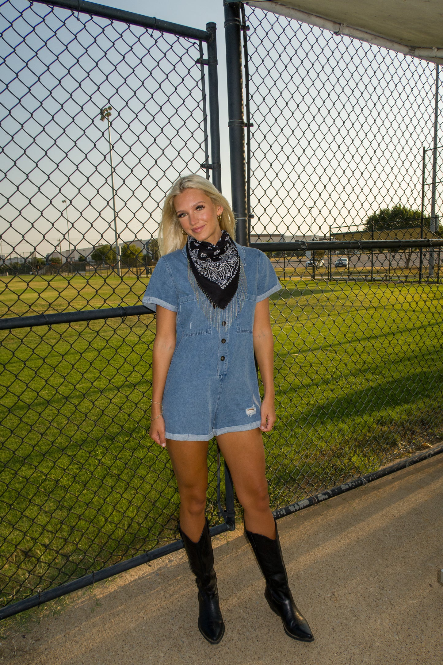 Game Time Distressed Denim Romper - Denim Blue