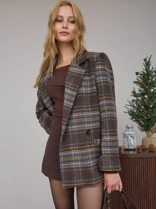 Plaid Collar Long Line Coat - Brown Multi