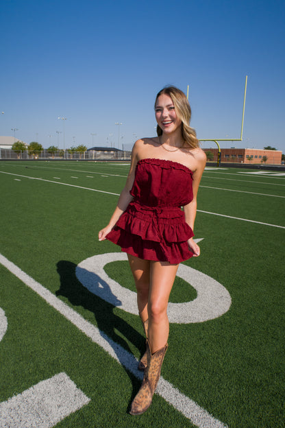 Game Day Feeling Corduroy Ruffle Romper Dress - Maroon