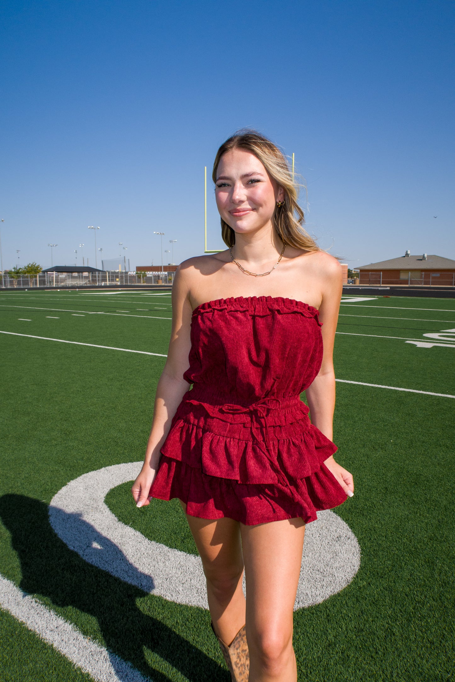 Game Day Feeling Corduroy Ruffle Romper Dress - Maroon