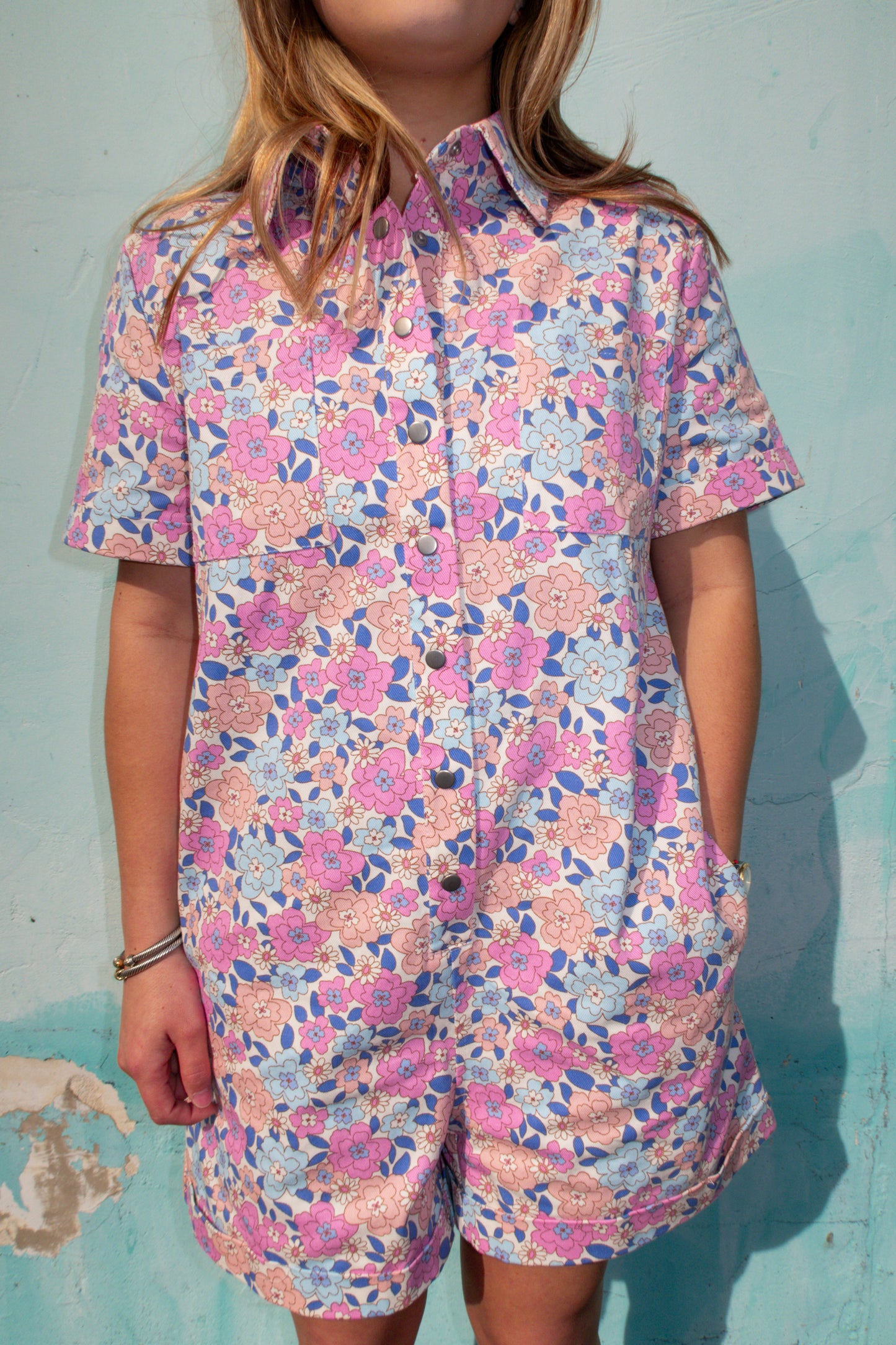 Garden Party Floral Denim Romper - Pink/Blue