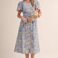 Floral Print Belted Midi Dress - Ocean Blue