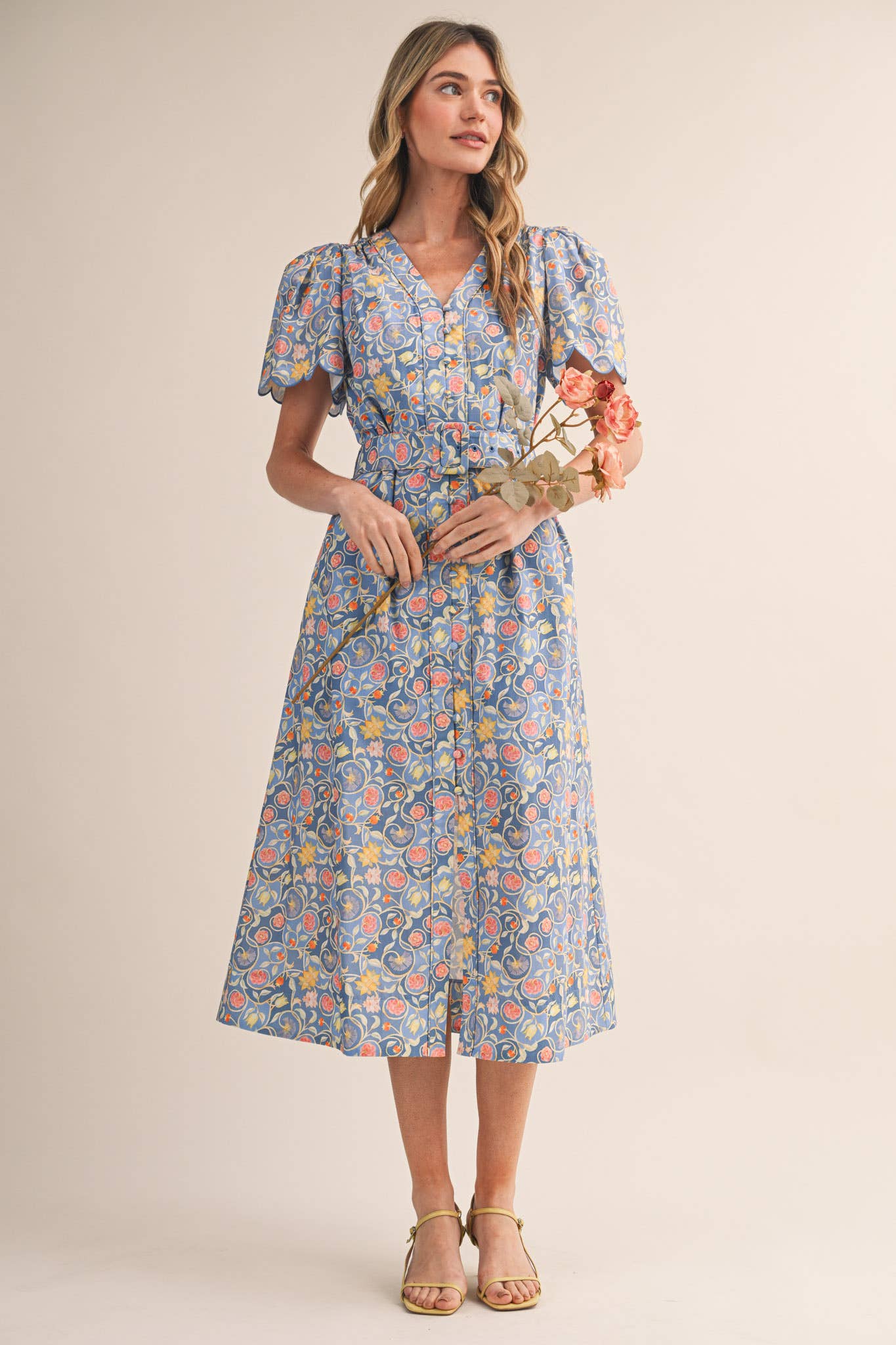 Floral Print Belted Midi Dress - Ocean Blue