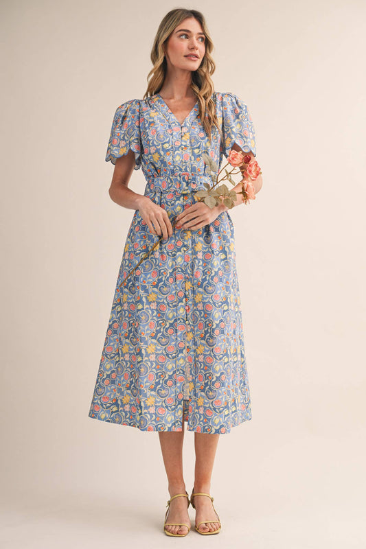 Floral Print Belted Midi Dress - Ocean Blue