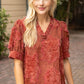 Ruffled V-neck Textured Top - Rust