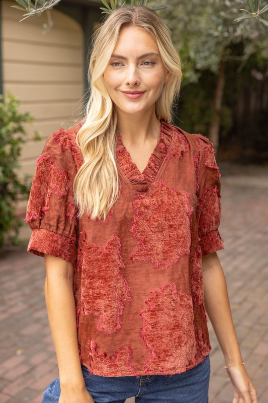 Ruffled V-neck Textured Top - Rust