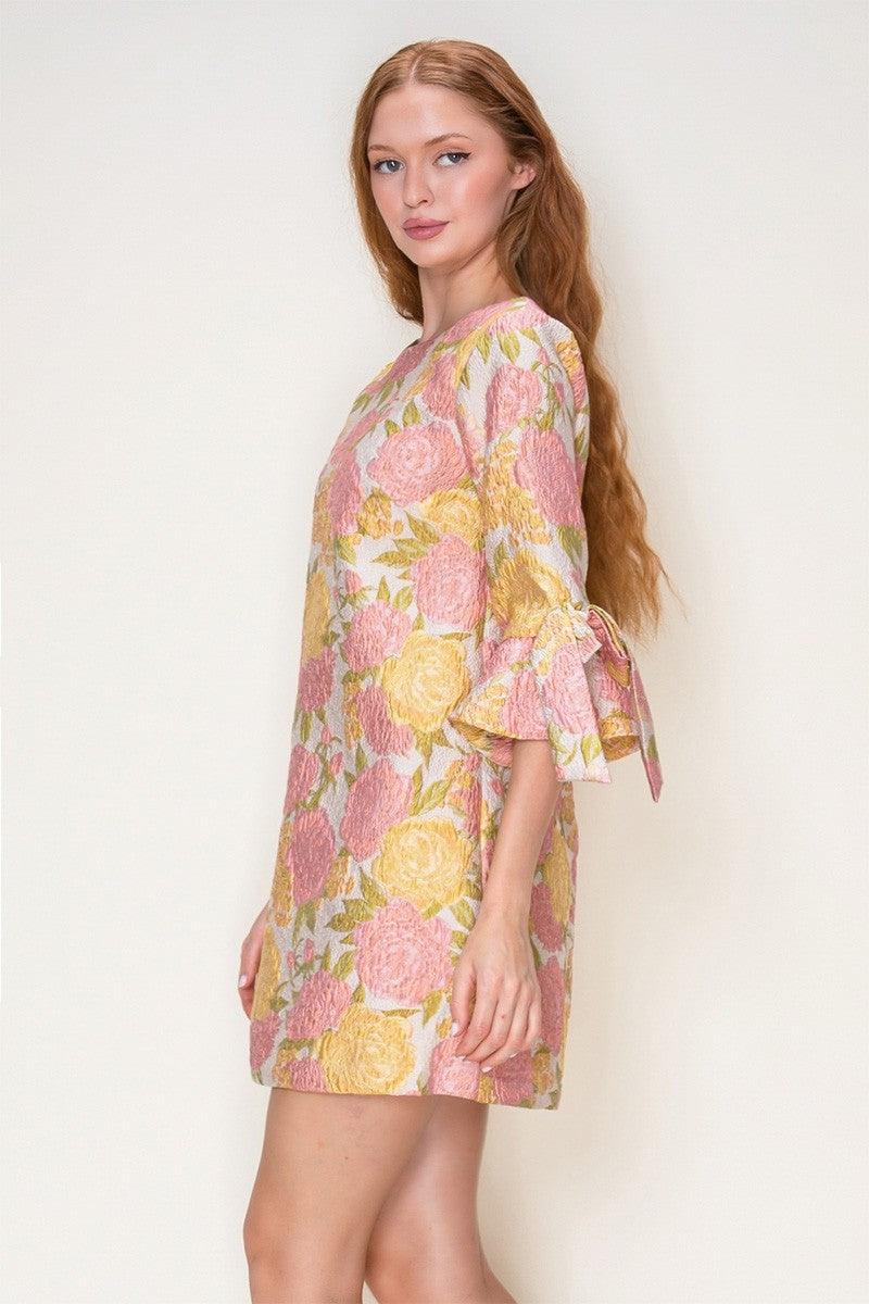 Bell Sleeve Jacquard Mini Dress-Pink/Yellow