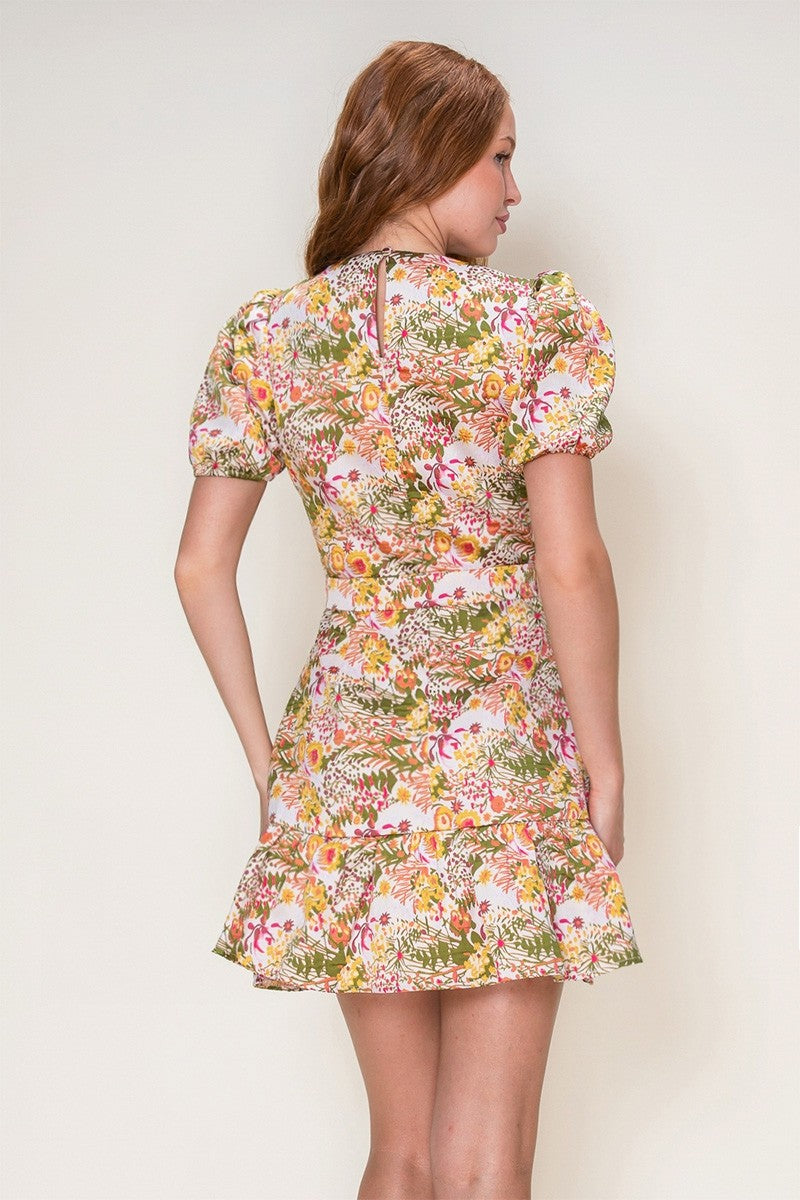 Short Sleeve Belted Jacquard Mini Dress-Multi