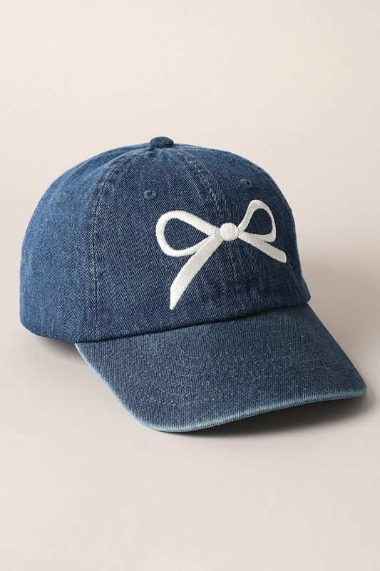 Denim Bow Embroidered Baseball Cap - Dark Blue/White