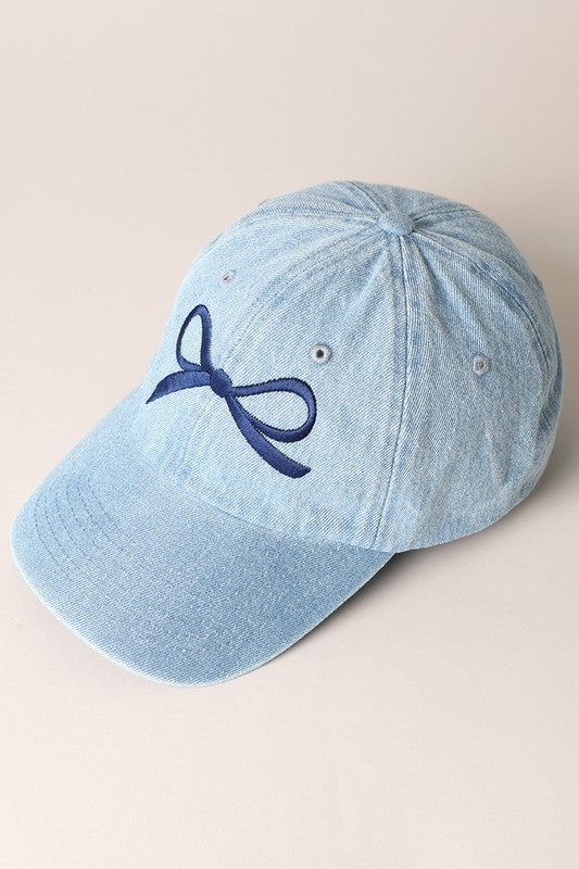 Denim Bow Embroidered Baseball Cap - Light Blue/Navy