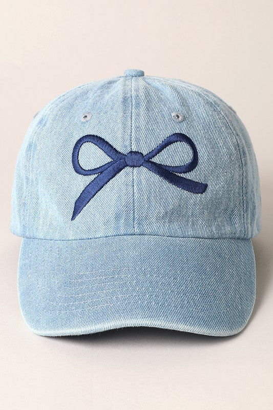 Denim Bow Embroidered Baseball Cap - Light Blue/Navy