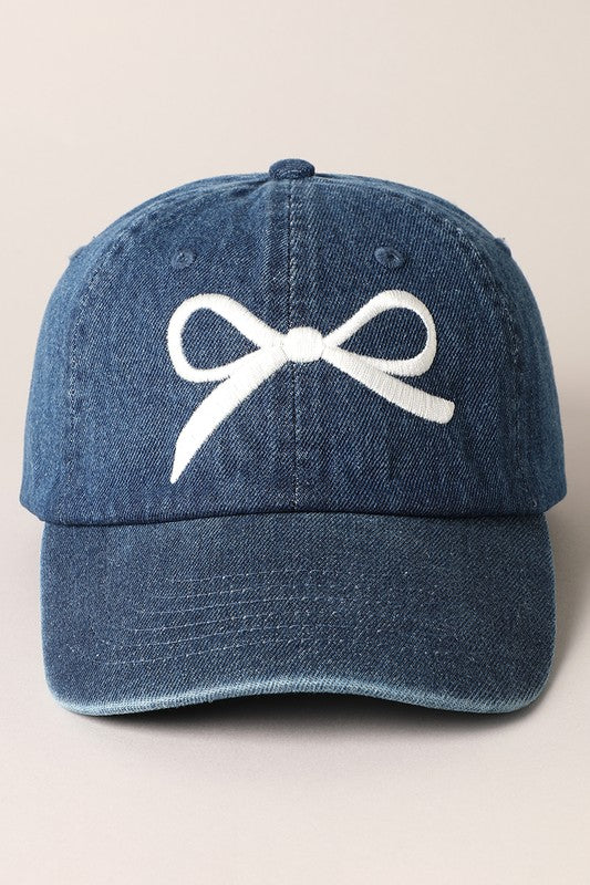 Denim Bow Embroidered Baseball Cap - Dark Blue/White