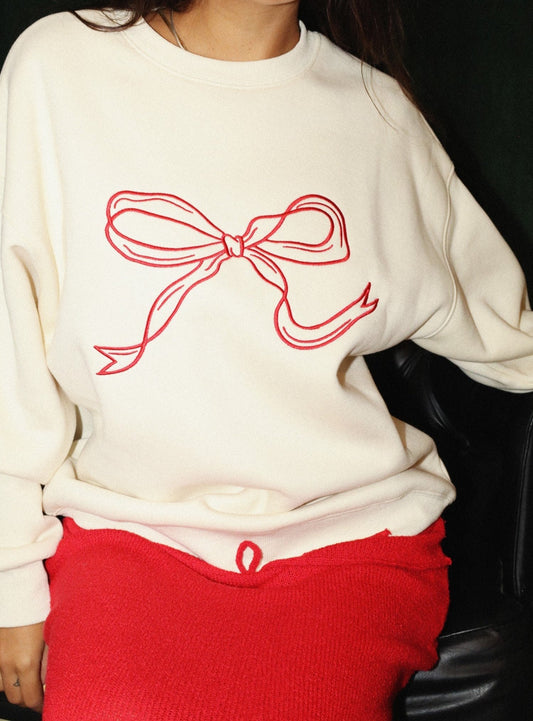 Bow Embroidered Sweatshirt - Cream/Red