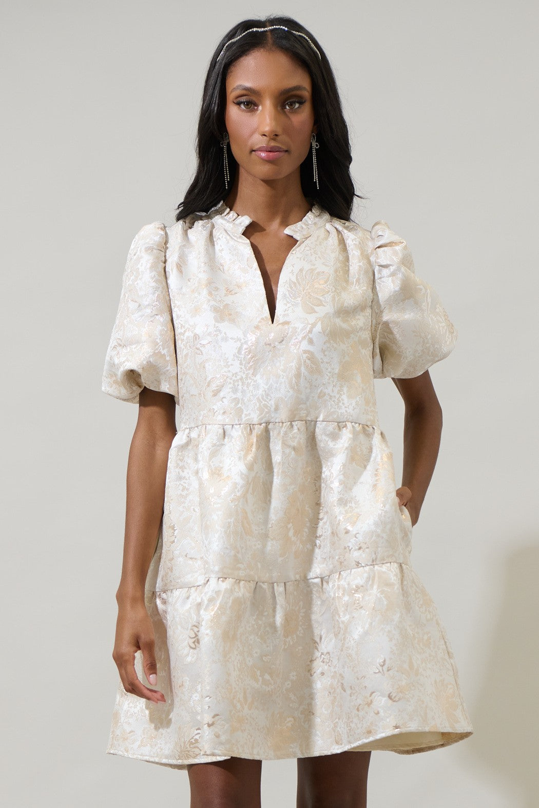 champagne jacquard dress Sugarlips Lola Split V Neck Short Puff Sleeve Mini Dress, Womens, S, very fitted at natural Shirt Size:15 x 32-33 SABORA Bodycon Club Dress SW