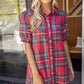 Collared Button Down Plaid Sequin Dress - Red