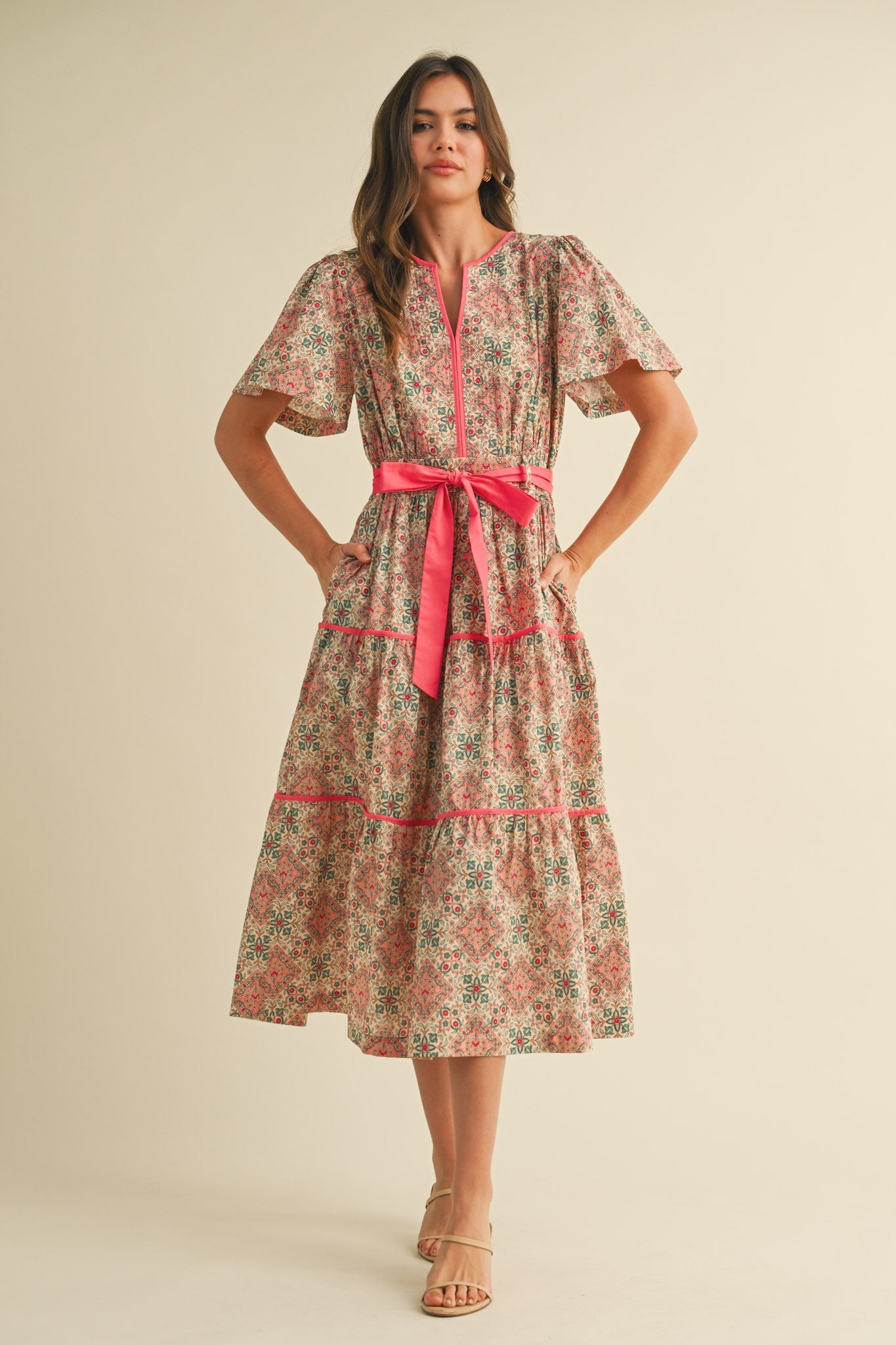 Contrast Binding Printed Midi Dress - Coral Multi