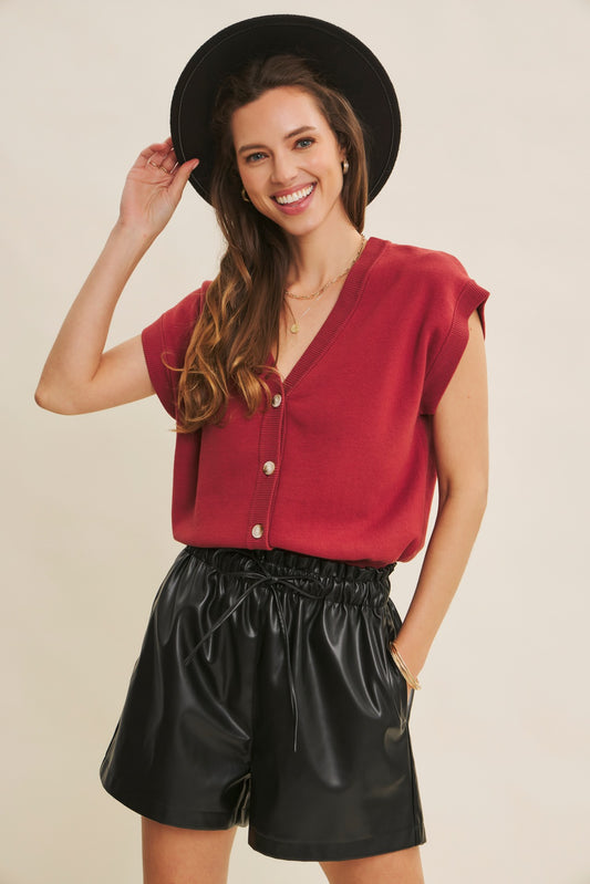 Multi-way Cotton Button-down Sweater Vest - Berry