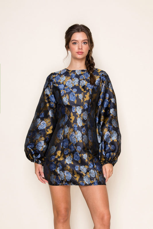 Rose Garden Balloon Long Sleeve Dress - Blue/Black