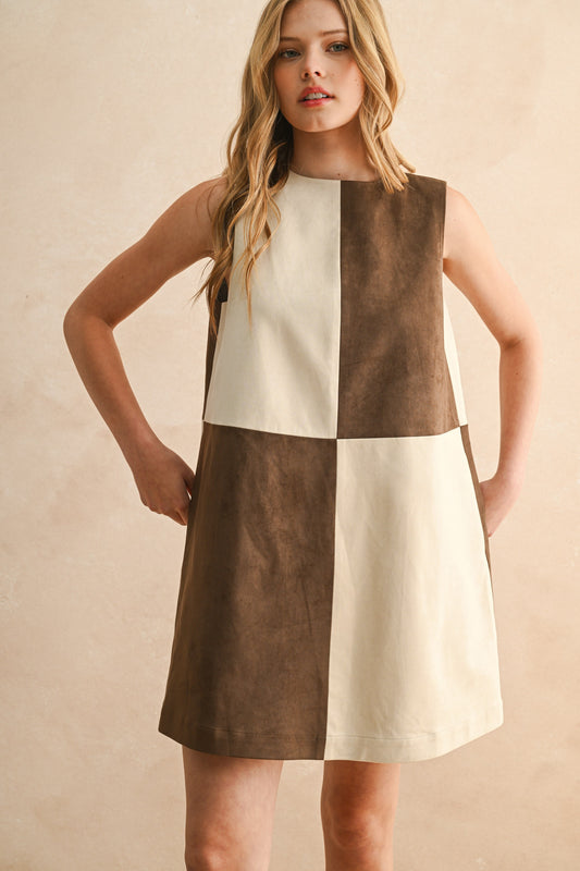 Suede Color Contrasted Shift Dress - Brown/Ecru