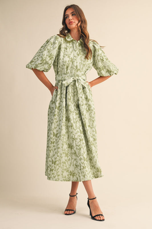 Jacquard Bubble Sleeve Button Down Midi Dress - Sage Green