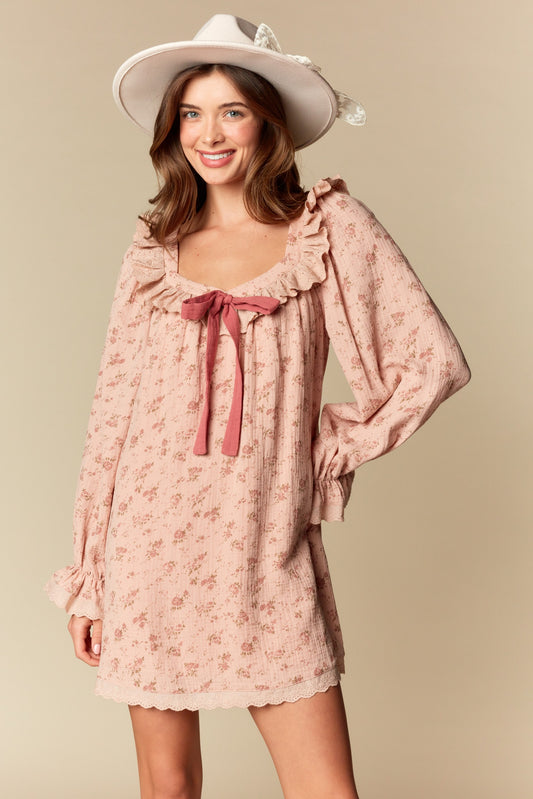 Ruffle Trim Floral Babydoll Mini Dress - Rose Pink