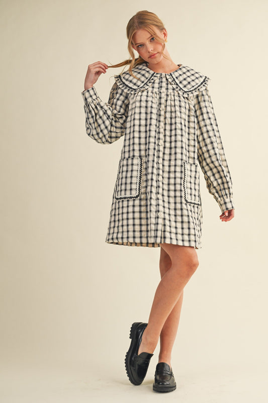 Peter Pan Collar Button Down Plaid Mini Dress - Black/Cream