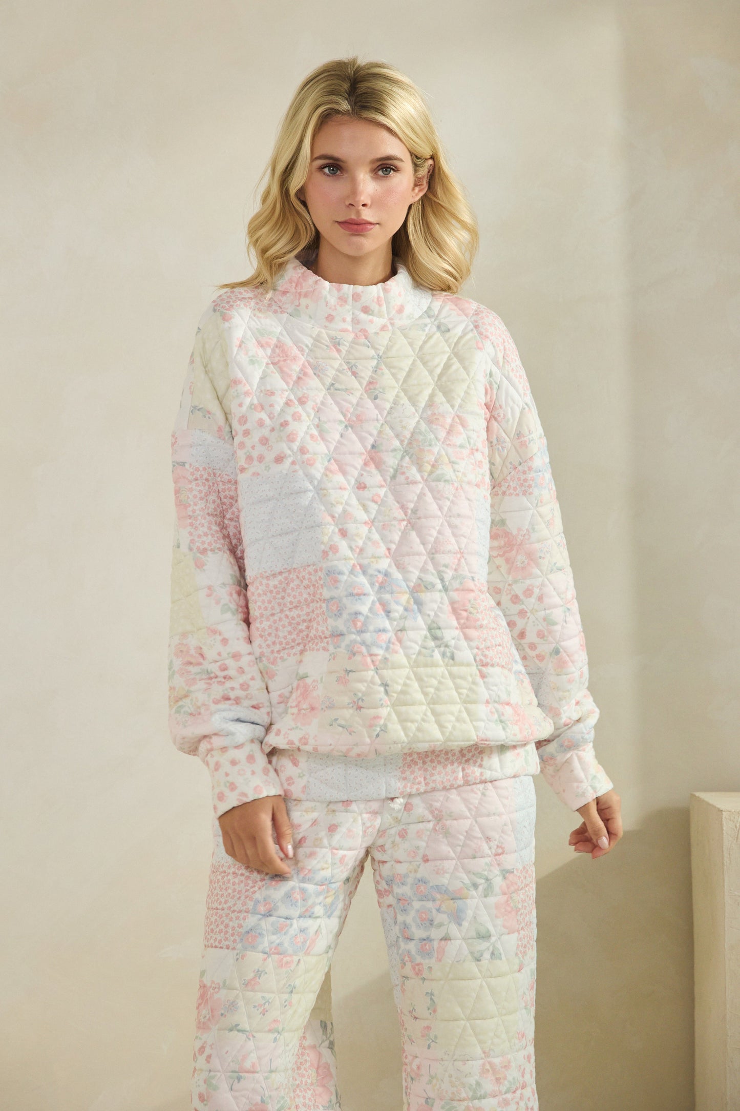 Floral Textured Mock Neck Sweater - Pastel