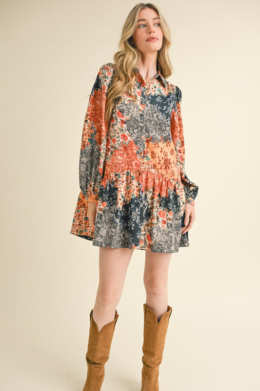 Patchwork Print Button Down Mini Dress - Navy Multi