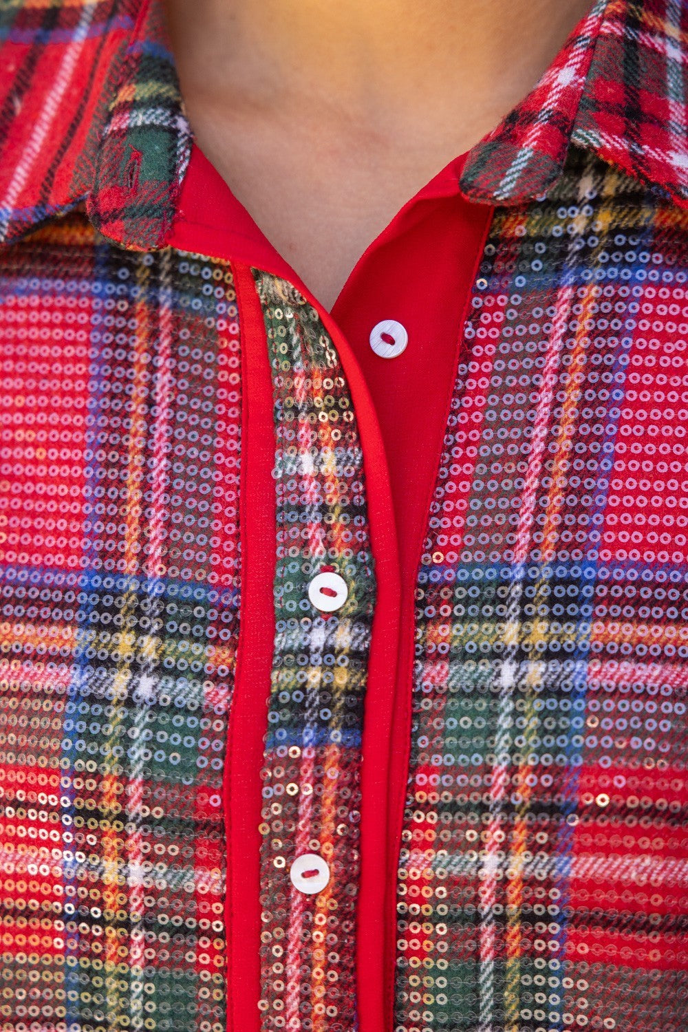 Collared Button Down Plaid Sequin Dress - Red