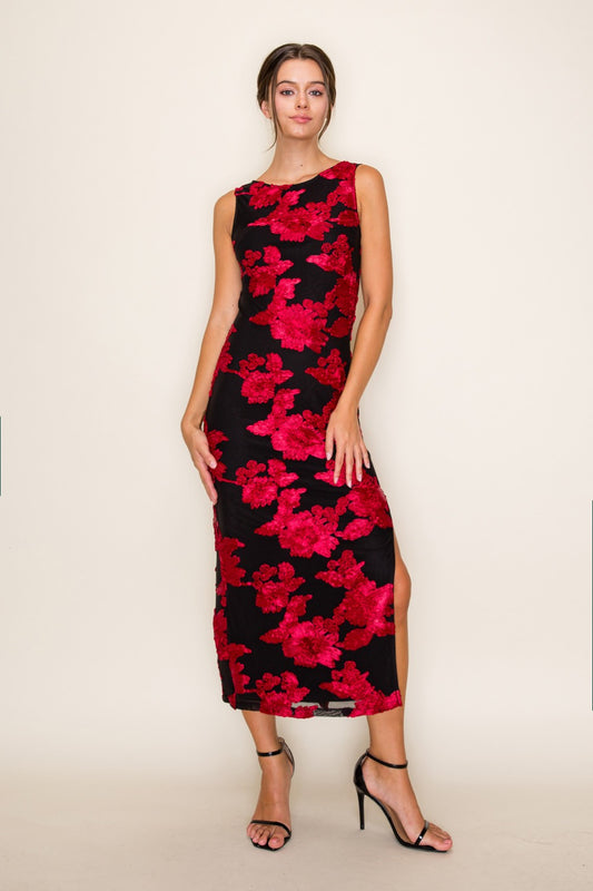 3d Floral Mesh Midi Dress - Black/Red