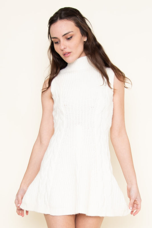 Mock Neck Cable Knit Mini Dress - Cream