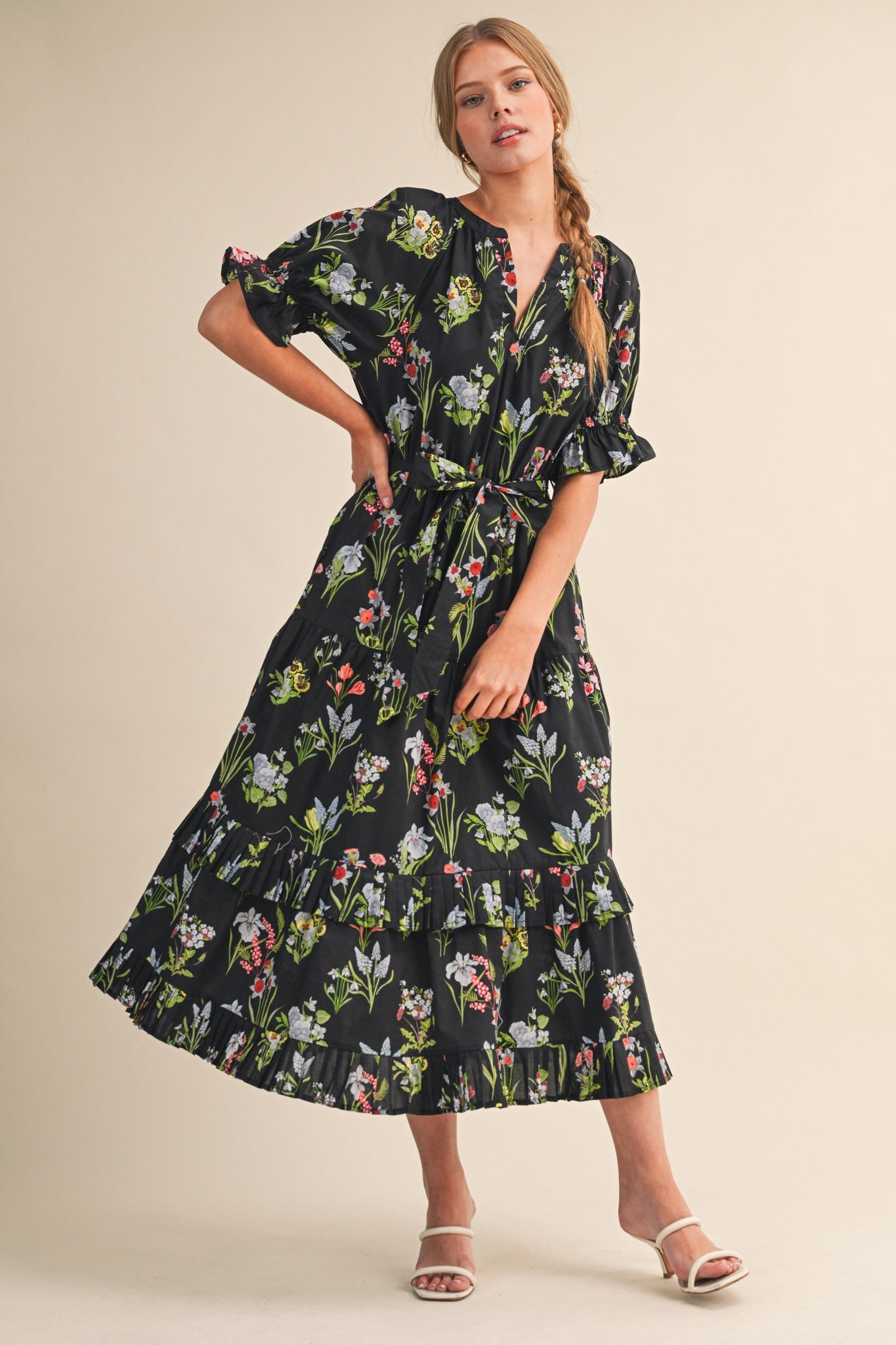Floral Print Belted Midi Dress - Black