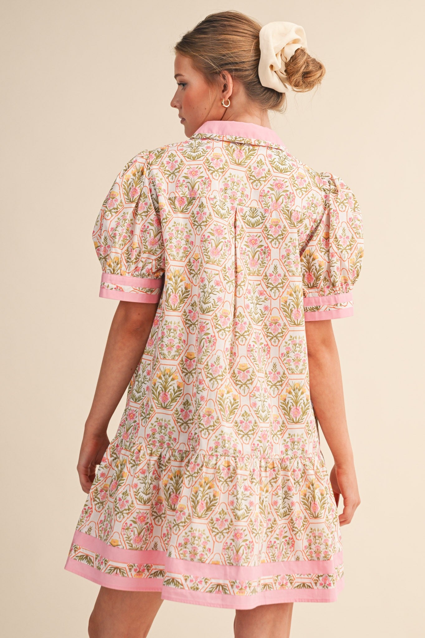Floral Collared Drop Waist Dress - Pink