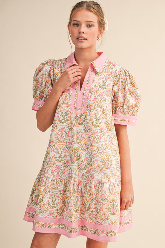 Floral Collared Drop Waist Dress - Pink