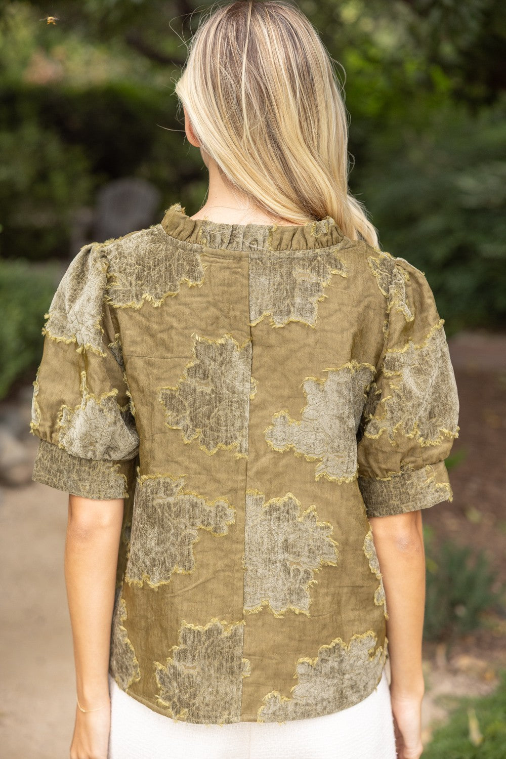 Ruffled V-neck Textured Top - Olive