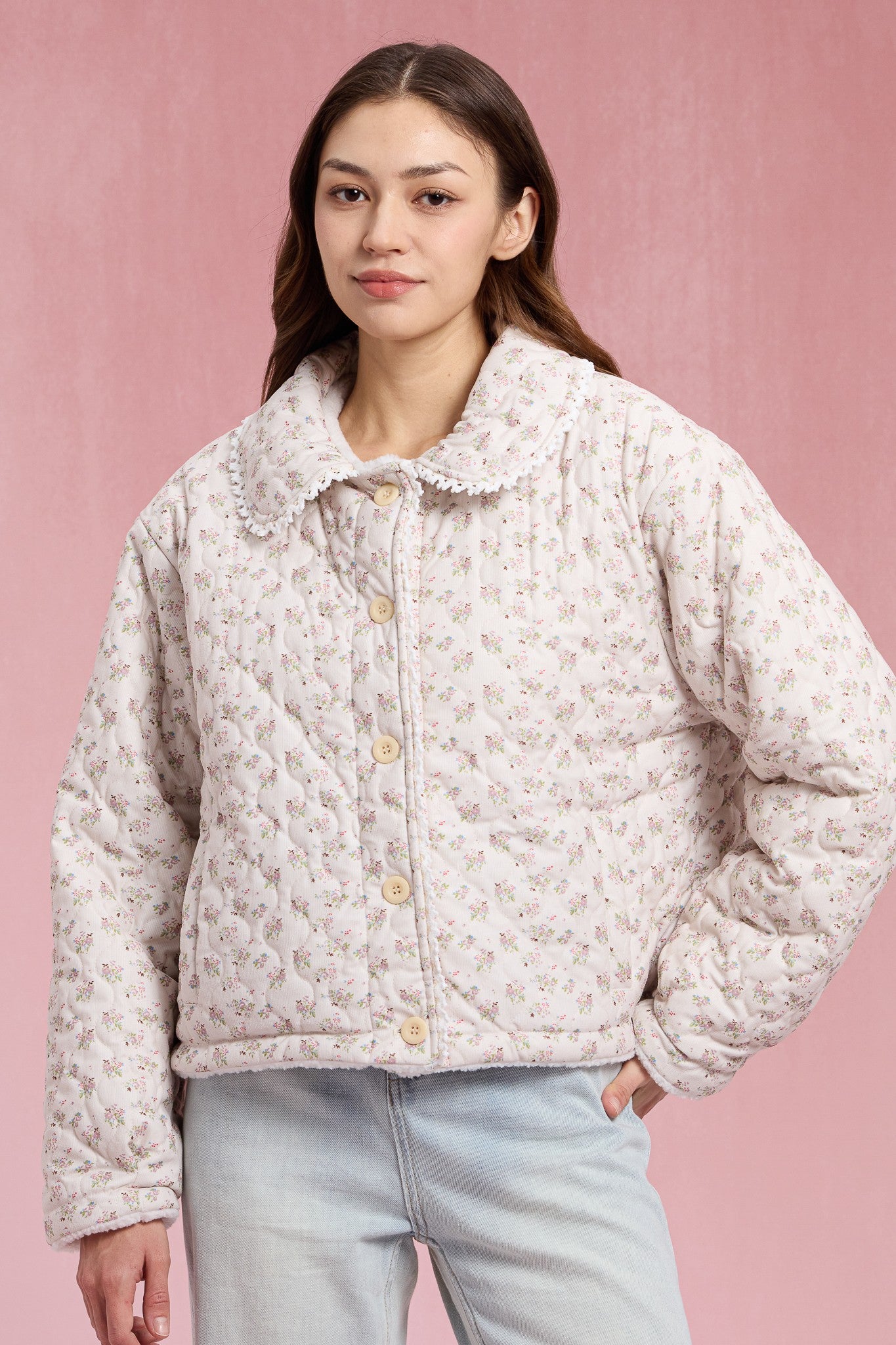 Sherpa-lined Floral Puffer With Lace Trim